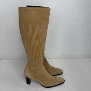 Ralph Lauren Womens Tall Suede Boots 8B Tan Heels Embossed Corduroy Heritage Y2K